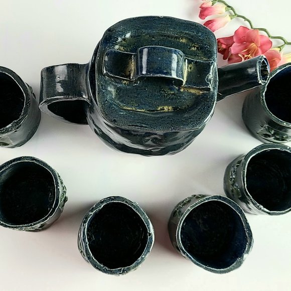 Vintage- Signed - Dark Blue Handmade Stoneware Tea Set with 6 Cups - Picture 3 of 12